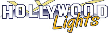 Hollywood Lights logo with spotlight beams.